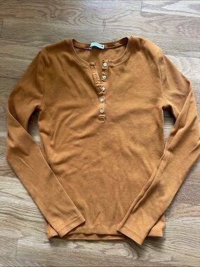 Zara Ribbed Henley Top - Rust Orange